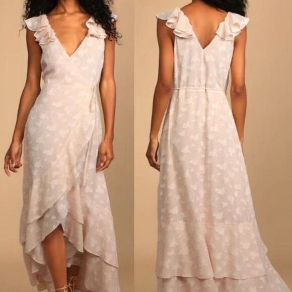 Lulus Blush Pink Jacquard High-Low Wrap Prom Bridesmaid Maxi Dress, Size small - Picture 1 of 9